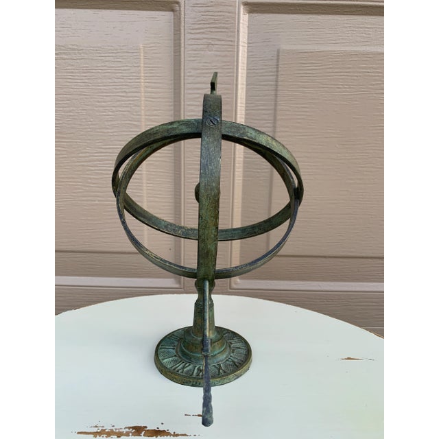 Rustic Verdigris Iron Armillary Sphere on Pedestal – European Garden Accent For Sale - Image 9 of 11