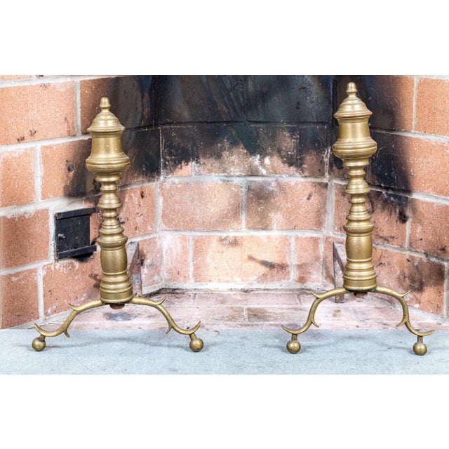 Metal Pair of 19th Century Brass Finial Top Andirons For Sale - Image 7 of 7