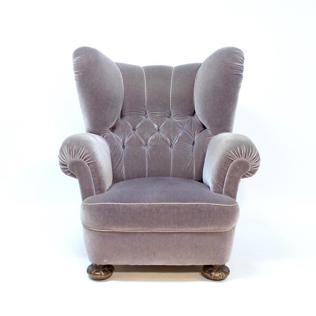 Oversized Swedish Modern Lounge chair in grey velvet from the 1940s. Most likely the original fabric or maybe an early...