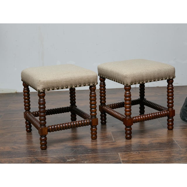 Wood Pair of English 19th Century Hardwood Bobbin Stools with Linen Upholstery For Sale - Image 7 of 11