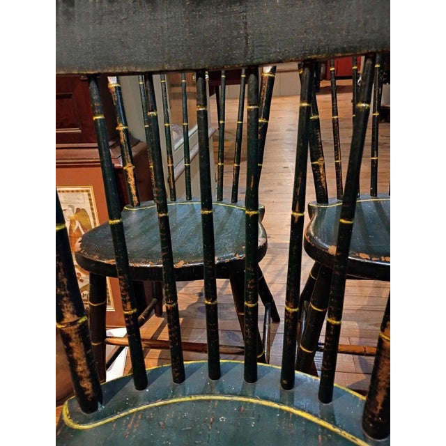 Folk Art 19Thc Original Dark Green Painted Thumb Back Windsor Chairs-5 For Sale - Image 3 of 4