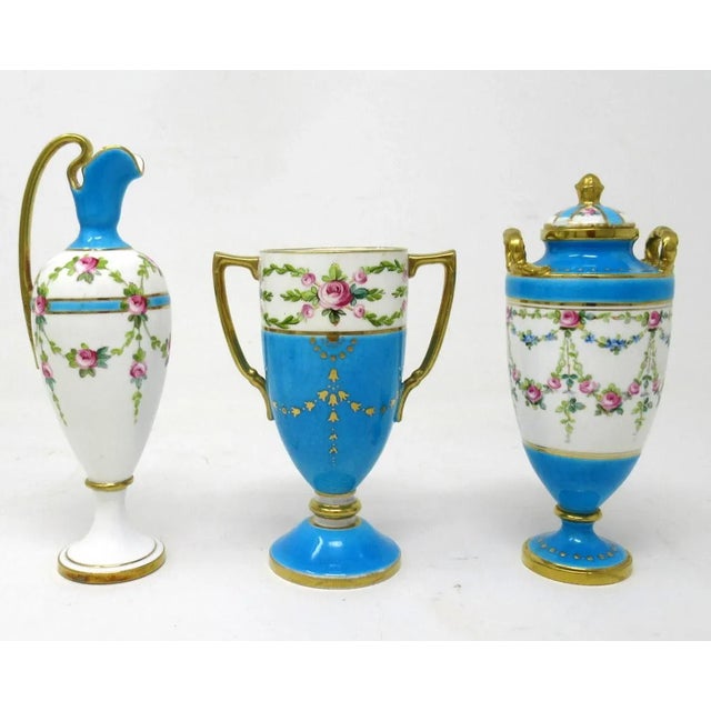 Stunning Example of a Collection of three miniature English Minton Porcelain Decorative Items, a lidded twin handle Urn, a...