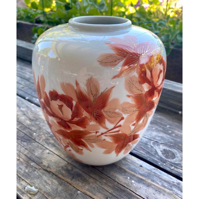 Vintage Japanese Hand-Painted Porcelain Floral Vase in Rust and Blush Tones For Sale In San Francisco - Image 6 of 11