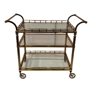 Regency Style 3 Tier Brass & Glass Mid Century Modern Bar Cart For Sale