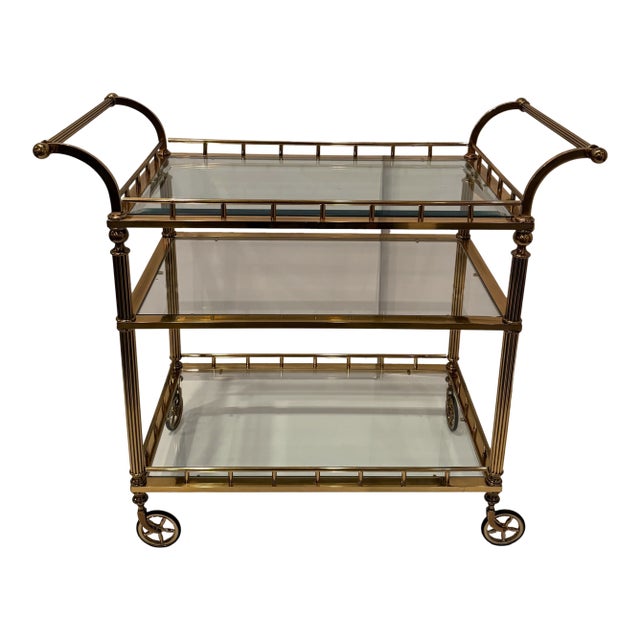 Regency Style 3 Tier Brass & Glass Mid Century Modern Bar Cart For Sale