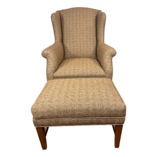 Vintage Transitional Wing Chair With Ottoman Upholstered in an Attractive Woven Fabric For Sale