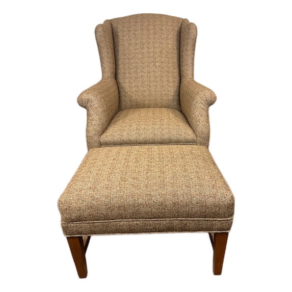 Vintage Transitional Wing Chair With Ottoman Upholstered in an Attractive Woven Fabric For Sale