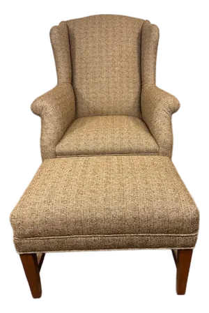 Vintage Transitional Wing Chair With Ottoman Upholstered in an Attractive Woven Fabric