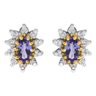 14K Yellow Gold 1/4 Cttw Diamond and Blue Purple Tanzanite Sunburst Halo Stud Earrings (K-L Color, I1-I2 Clarity) For Sale