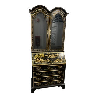 Chinoiserie Black Lacquered Drop Front Secretary Desk With Lighted Bookcase Hutch For Sale
