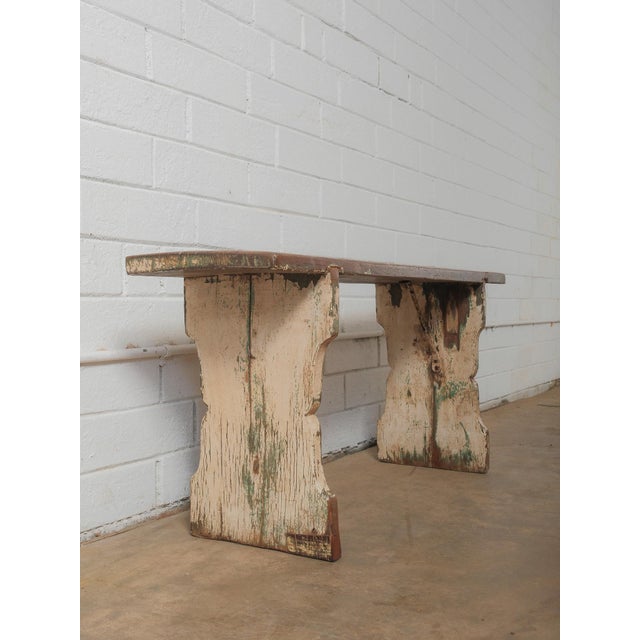 Vintage Primitive Wooden Bench With Original Chippy Paint and Rustic Patina For Sale In Greensboro - Image 6 of 6