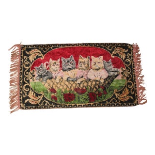 Vintage Cats in a Basket Red Tapestry Wall Hanging With Fring For Sale