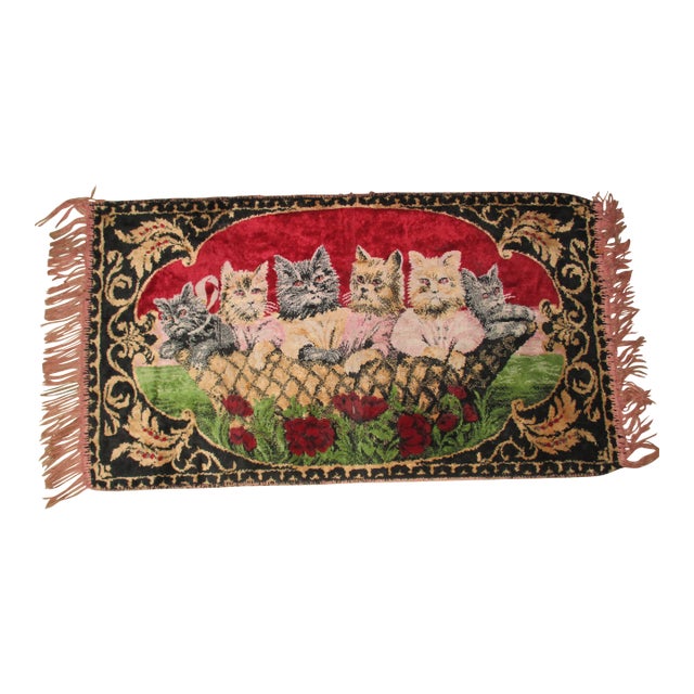 Vintage Cats in a Basket Red Tapestry Wall Hanging With Fring For Sale