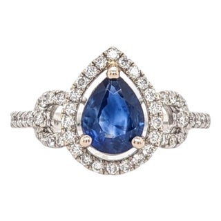 Blue Sapphire Ring With Earth Mined Diamonds in Solid 14k Gold | Pear Cut 8x6mm, Size 6.75 For Sale