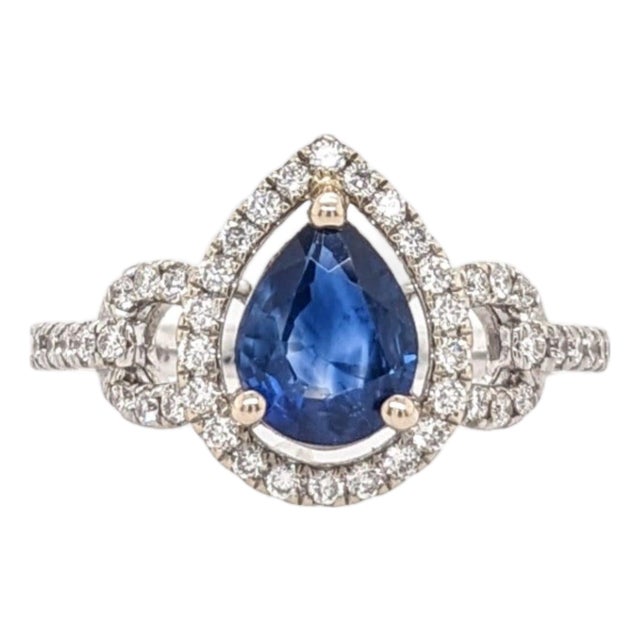 Blue Sapphire Ring With Earth Mined Diamonds in Solid 14k Gold | Pear Cut 8x6mm, Size 6.75 For Sale
