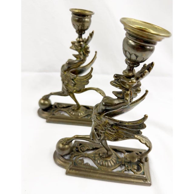 Early 19th Century Neo Classical Brass Chimera Candle Sticks For Sale - Image 10 of 12