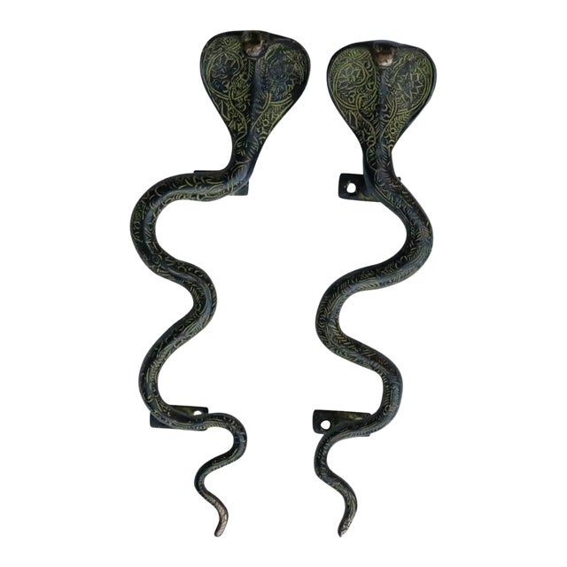 Large Green Brass Cobra Door Handles - a Pair For Sale