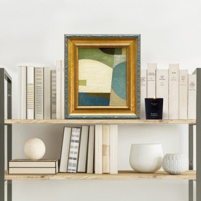 This is a new blue and green color-block painting inspired by mid-century modern design. The oil painting is done on a...