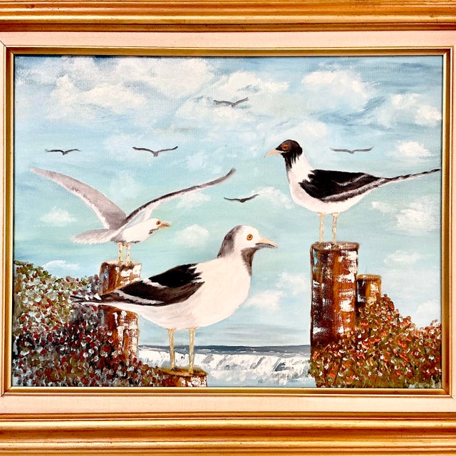 Aqua 1982 Vintage Coastal Impressionists Original Oil Painting, Pelicans on the Dock by Jay Brown For Sale - Image 8 of 10