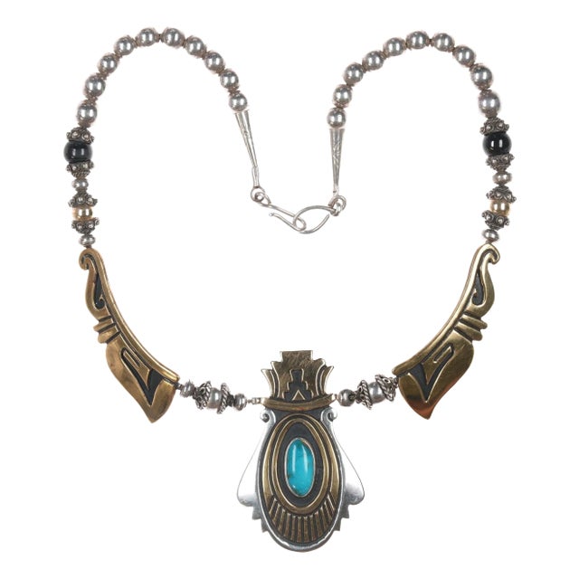 18" Tommy Singer (1940-2014) Navajo Sterling, Gold Filled, Turquoise Necklace For Sale