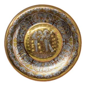 Egyptian Round Brass Tray With Silver and Copper Overlay Wall Hanging 1970
