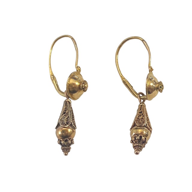 Victorian Antique Gold Portuguese 18k Filigree Bomb Drop Earrings For Sale - Image 3 of 11