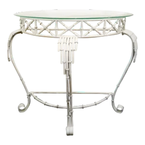 Vintage Faux Bamboo White Metal Demi Lune Glass Top Palm Beach Regency Console Table