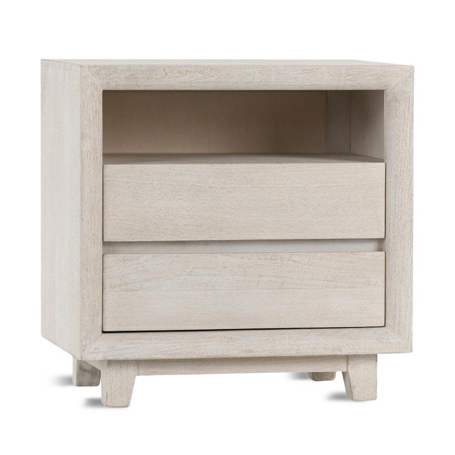 Modern minimalist coastal style solid mango wood nightstand with two drawers. Features open shelving area at top. Each may...