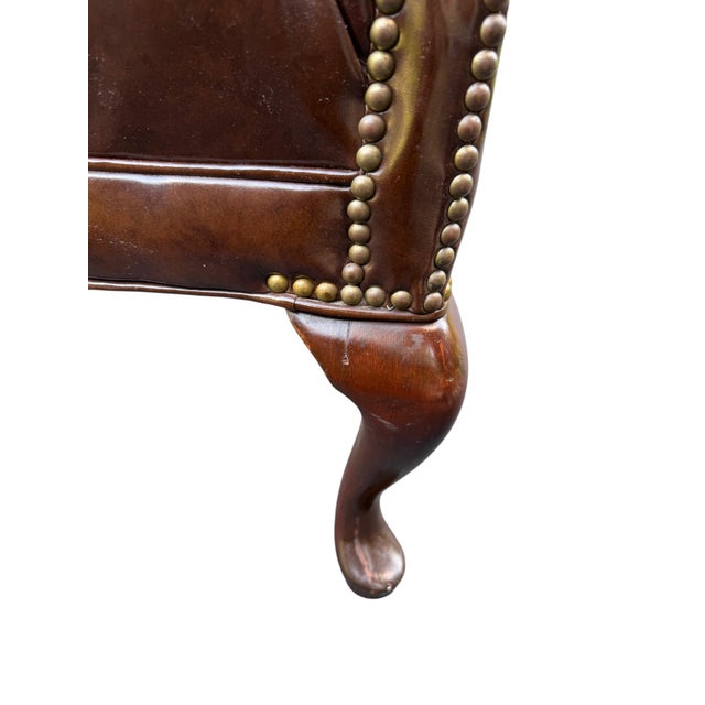 Wood Mid 20th Century Queen Anne Style Tufted Leather Look Wingback Chair For Sale - Image 7 of 9