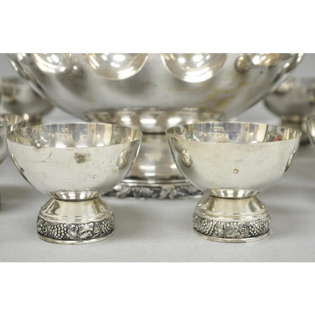 Vintage Victorian Silver Plated Footed Twin Handle Punch Bowl Set W/ 12 Cups For Sale - Image 4 of 18