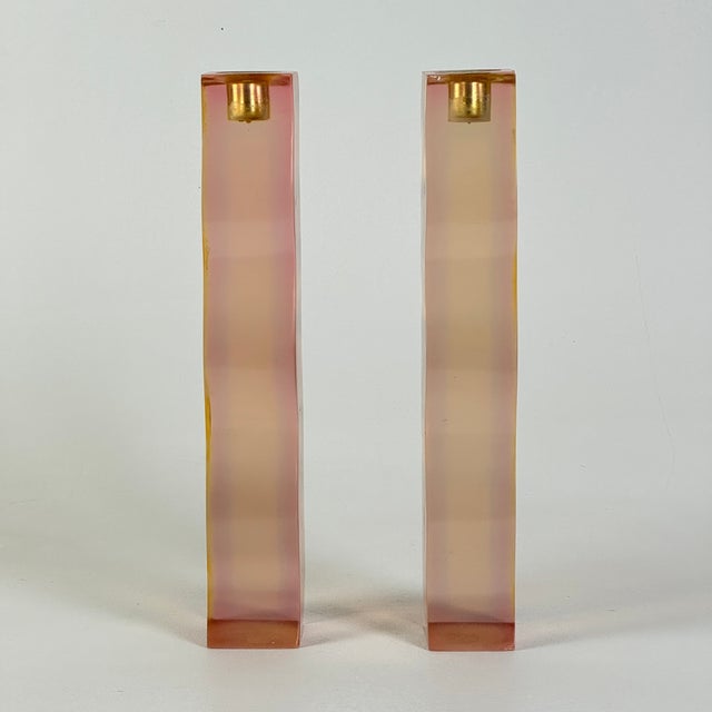 Mid-Century Modern Pair of Vintage Whimsical & Groovy Mid 20th Century Resin Candlestick Holders in Faint Pink For Sale - Image 3 of 8