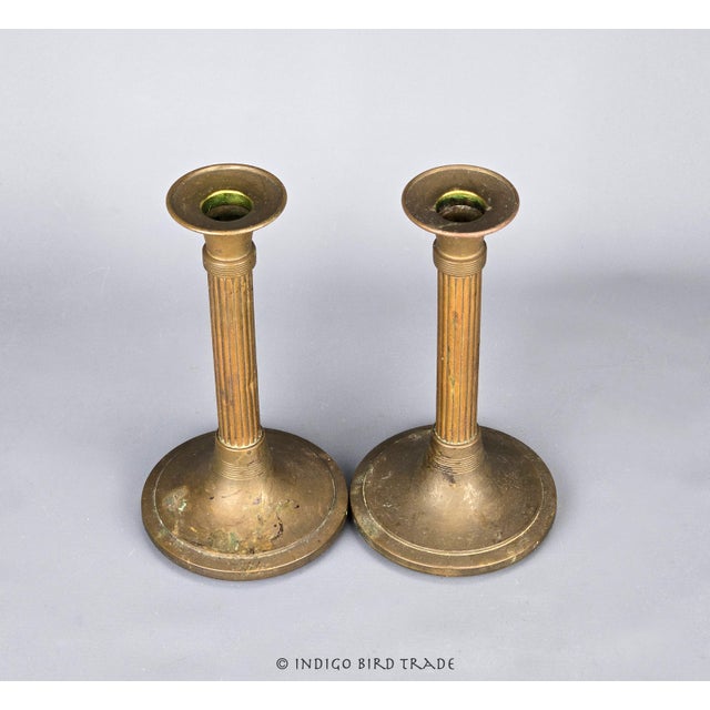 Mid-Century Modern 1930'e Swedish Rudolf Zibell Metallvarufabrik Eskilstuna Bronze Fluted Column Candlestick Holders Set of 2 For Sale - Image 3 of 8