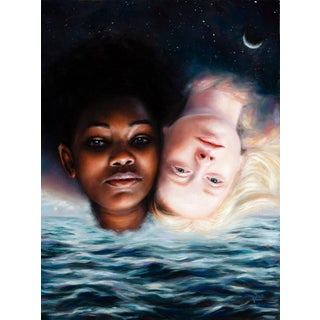 Sea and Stars by Tiffany Dae | Oil on ACM panel of two faces above ocean under a starry sky For Sale