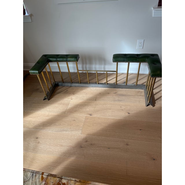 Brass Vintage English Steel and Brass Fireplace Fender With Green Leather Tufted Seat For Sale - Image 8 of 11