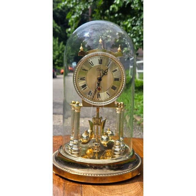 Hollywood Regency Vintage Elgin Anniversary Mantel Clock With Glass Dome, Brass Finish & Rotating Pendulum For Sale - Image 3 of 17