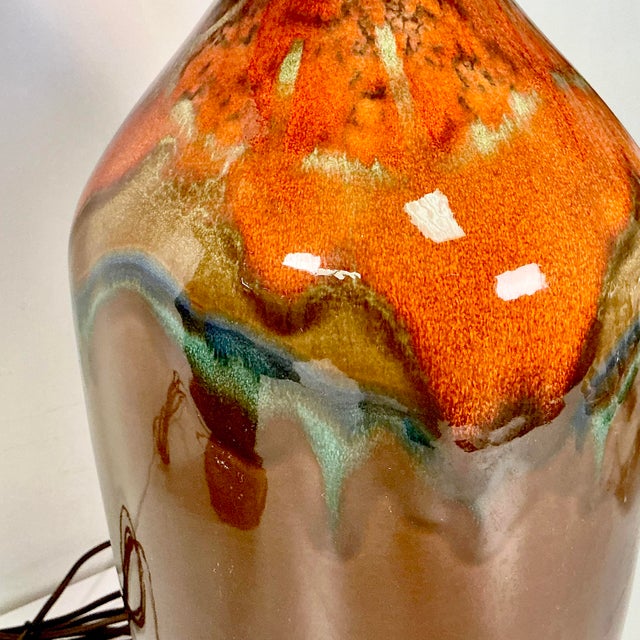 1960s Vintage Boho Chic Glazed Drip Ceramic Table Lamps - A Pair, New Shades. For Sale - Image 12 of 15