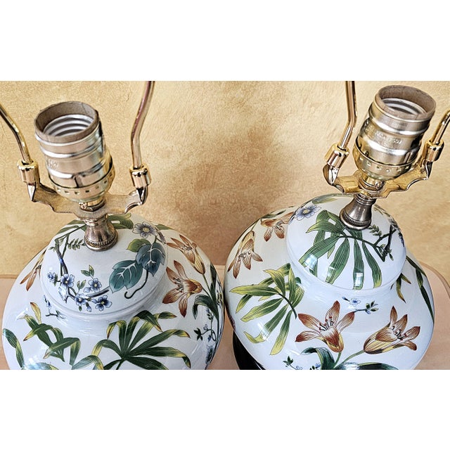 Vintage Chinoiserie Porcelain Bird & Floral Table Lamps With Shades - a Pair For Sale - Image 13 of 18