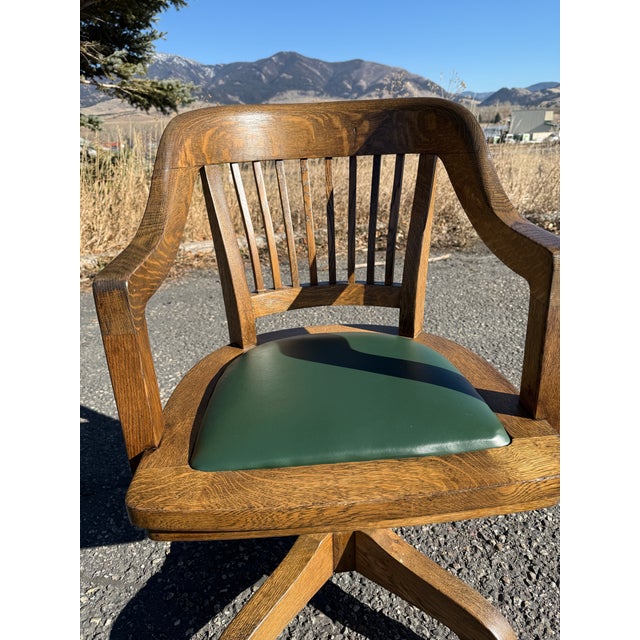 Antique Oak Bankers Chair With Hunters Green Seat For Sale - Image 9 of 12