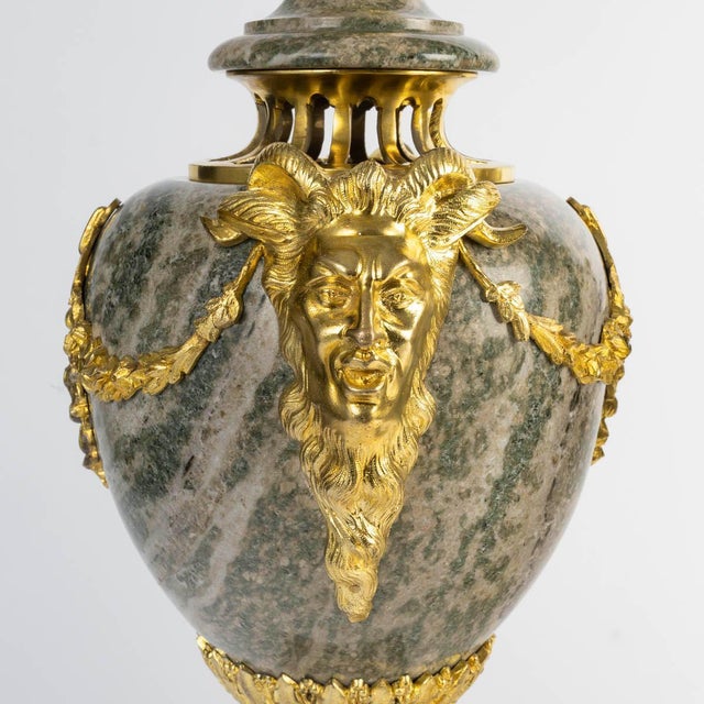 Louis XVI Green Granite Cassolettes with Gilded Bronze, Set of 2 For Sale - Image 5 of 9