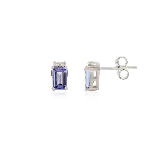 Vintage Emerald Cut Tanzanite & Diamond Stud Earrings in Sterling Silver- A Pair For Sale - Image 4 of 13