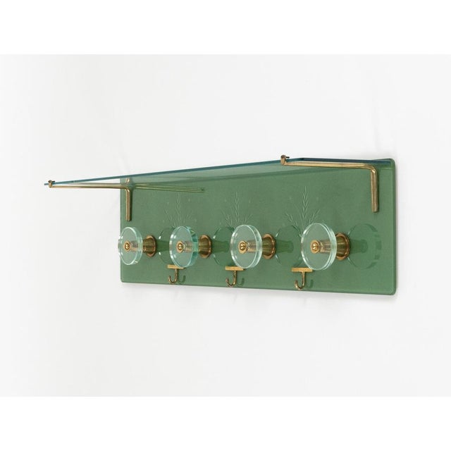 Green Mid-Century Coat Rack Shelf in Glass and Brass attributed to Cristal Arte, Italy, 1950s For Sale - Image 8 of 17