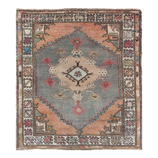 Turkish Hand Knotted Oushak Vintage Small Carpet in Light Orange and Light Gray For Sale