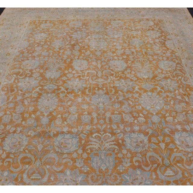 Early 20th Century Antique Indian Amritsar Rug in Light Orange/Saffron, Pink, Light Blue & Green 9'10 X 13'3 For Sale - Image 5 of 17