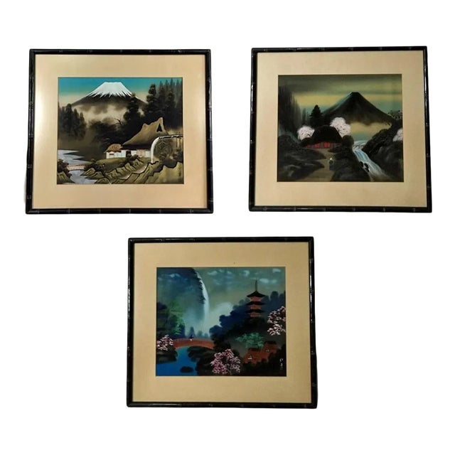 1940s Japanese Folk Art Gouache and Acrylic Paintings, Framed - Set of 3 For Sale