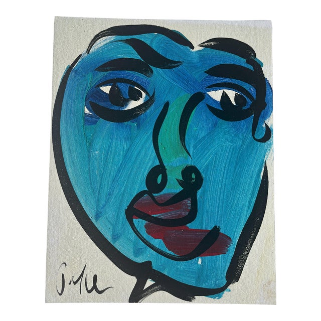 Late 20th Century Original Peter Keil Abstract Portrait Blue Acrylic Painting on Canvas Board For Sale