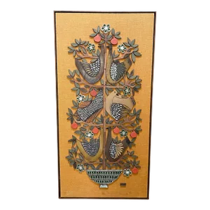 1960s Raul Coronel Stoneware Designs Inc. Ceramic Mosaic Nesting Birds Mosaic on Burlap With Walnut Frame