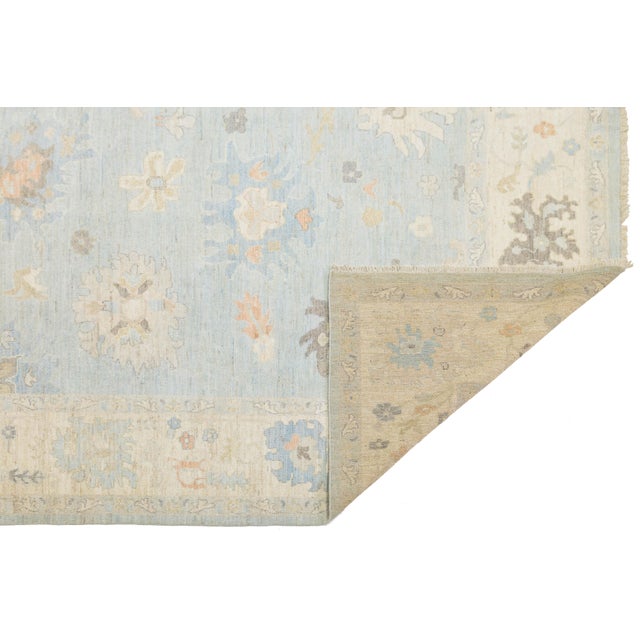 Modern 12x15 Modern Oushak Hand-Knotted Wool Area Rug – Soft Blue & Muted Earth Tones For Sale - Image 3 of 11