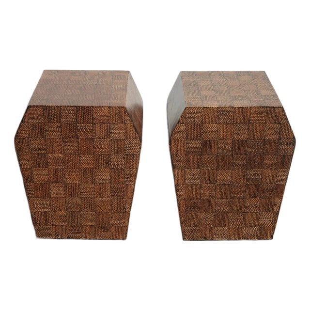 Pair of Modern End Tables W Faux Braided Pattern Laminate For Sale