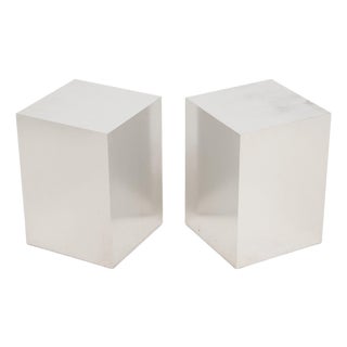 Pair of Paul Evans Style Polished Aluminum and Wood Side Tables For Sale