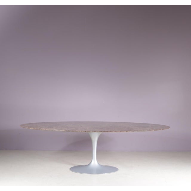 Eero Saarinen Oval Tulip Table with Brown Marble Top and Matt Silver Coated Oval Base by Eero Saarinen for Knoll, USA, 1970s For Sale - Image 4 of 11